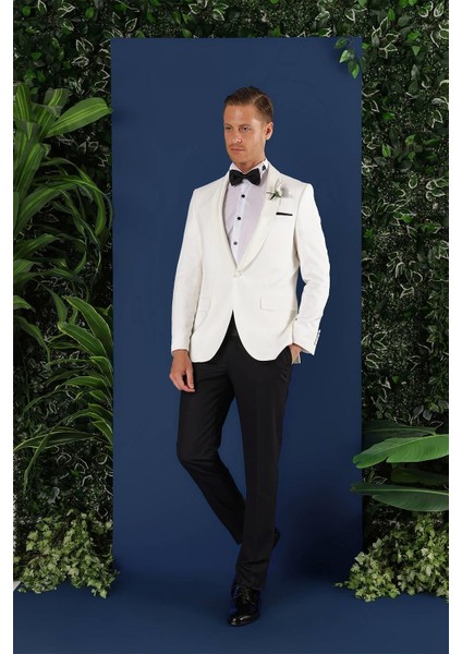 Black 034 Slim Fit Saten Yaka Çift Yırtmaçlı Damatlık Ekru Smokin Ceket modelleri