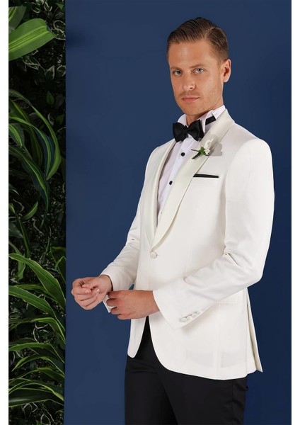 Black 034 Slim Fit Saten Yaka Çift Yırtmaçlı Damatlık Ekru Smokin Ceket fırsatları