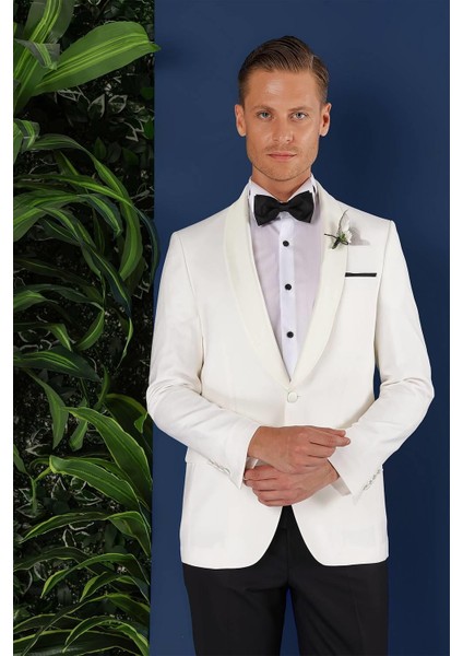 Black 034 Slim Fit Saten Yaka Çift Yırtmaçlı Damatlık Ekru Smokin Ceket indirimleri