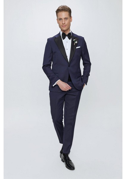 Black 062 Slim Fit Çıkma Saten Yaka Lacivert Damatlık Smokin Takım