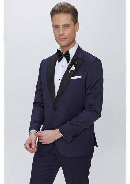 Black 062 Slim Fit Çıkma Saten Yaka Lacivert Damatlık Smokin Takım fırsatları