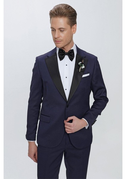 Black 062 Slim Fit Çıkma Saten Yaka Lacivert Damatlık Smokin Takım indirimleri