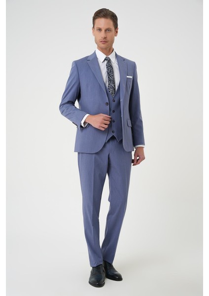 Slim Fit Esnek Çift Yırtmaç Yelekli Düz Klasik Havacı Mavi Takım Elbise Tk 901