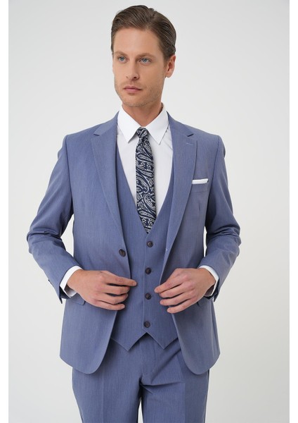 Slim Fit Esnek Çift Yırtmaç Yelekli Düz Klasik Havacı Mavi Takım Elbise Tk 901 fırsatları
