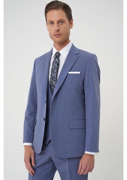 Slim Fit Esnek Çift Yırtmaç Yelekli Düz Klasik Havacı Mavi Takım Elbise Tk 901 indirimleri