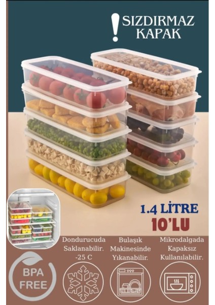 10 Adet Vakumlu Sızdırmaz Erzak Fresh Saklama Kabı Seti 1400ML - Şeffaf - Buzdolabı Düzenleyici