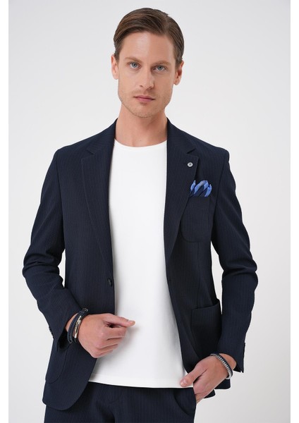 Comfort Fit Mono Yaka Çift Yırtmaç Torba Cep Gofre Kumaş Casual Lacivert Ceket C 703