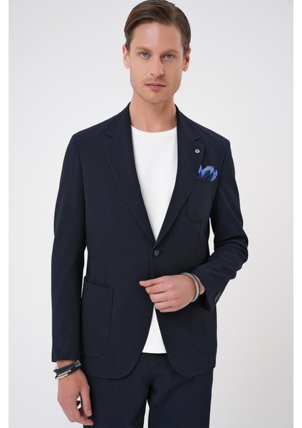 Comfort Fit Mono Yaka Çift Yırtmaç Torba Cep Gofre Kumaş Casual Lacivert Ceket C 703 modelleri