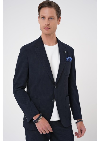 Comfort Fit Mono Yaka Çift Yırtmaç Torba Cep Gofre Kumaş Casual Lacivert Ceket C 703 indirimleri