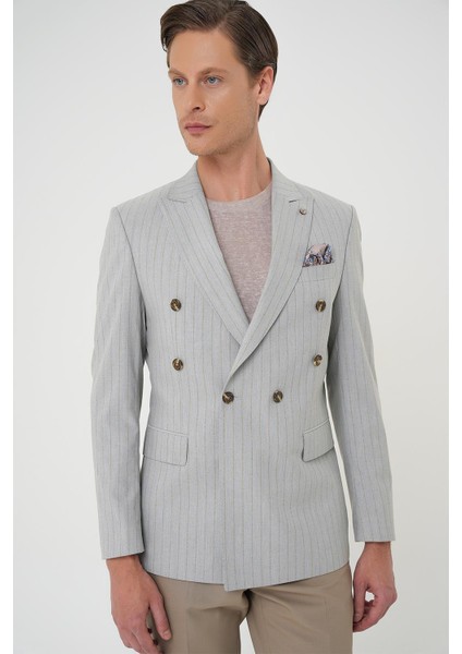 Slim Fit Çift Yırtmaç Çizgili Kruvaze Casual Gri Ceket C 704 modelleri