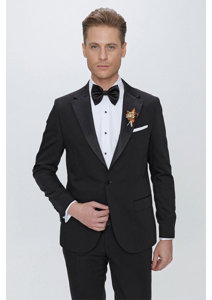 Black 061 Slim Fit Çıkma Saten Yaka Siyah Damatlık Smokin Takım fırsatları