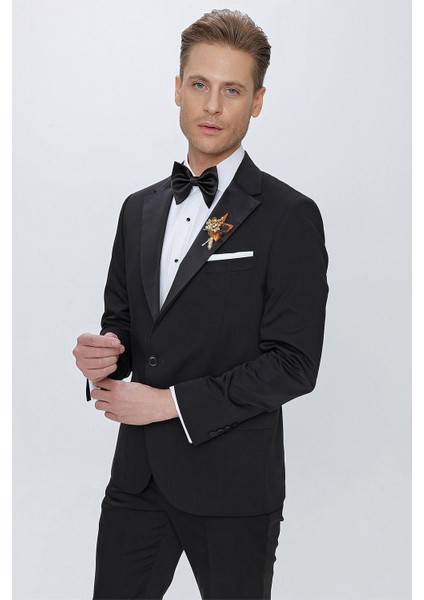 Black 061 Slim Fit Çıkma Saten Yaka Siyah Damatlık Smokin Takım indirimleri