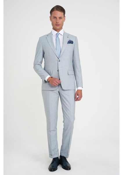 Slim Fit Çift Yırtmaç Esnek Yün Mavi Takım Elbise Tk 918