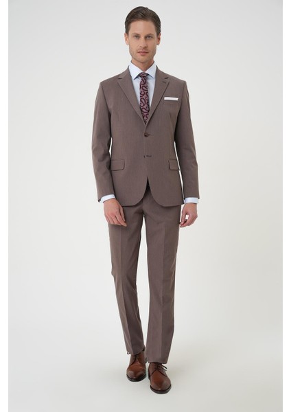 Slim Fit Esnek Çift Yırtmaç Yelekli Düz Klasik Vizon Takım Elbise Tk 901