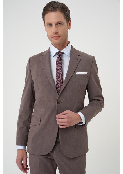 Slim Fit Esnek Çift Yırtmaç Yelekli Düz Klasik Vizon Takım Elbise Tk 901 modelleri