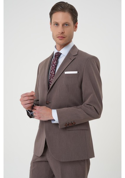 Slim Fit Esnek Çift Yırtmaç Yelekli Düz Klasik Vizon Takım Elbise Tk 901 fırsatları