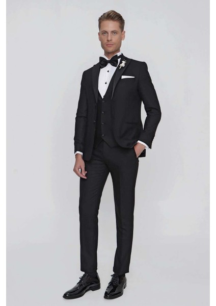 Black 063 Slim Fit Yelekli Çıkma Saten Yaka Siyah Damatlık Smokin Takım