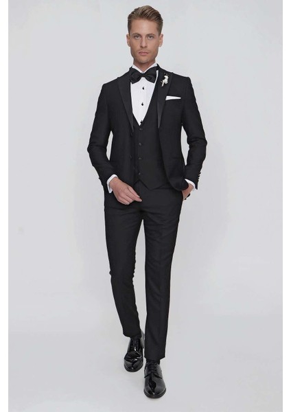 Black 063 Slim Fit Yelekli Çıkma Saten Yaka Siyah Damatlık Smokin Takım fiyatları