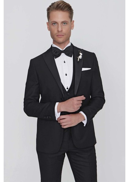 Black 063 Slim Fit Yelekli Çıkma Saten Yaka Siyah Damatlık Smokin Takım modelleri
