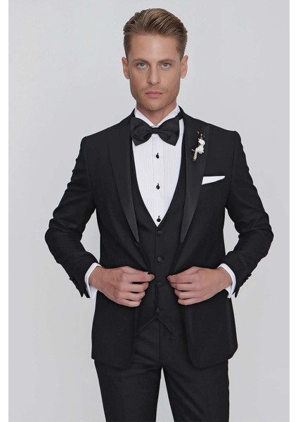 Black 063 Slim Fit Yelekli Çıkma Saten Yaka Siyah Damatlık Smokin Takım fırsatları