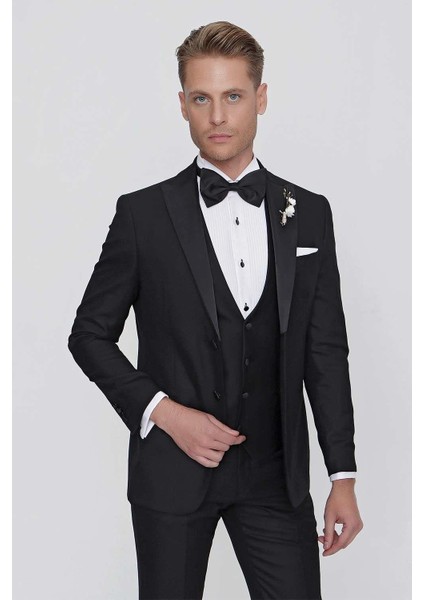Black 063 Slim Fit Yelekli Çıkma Saten Yaka Siyah Damatlık Smokin Takım indirimleri