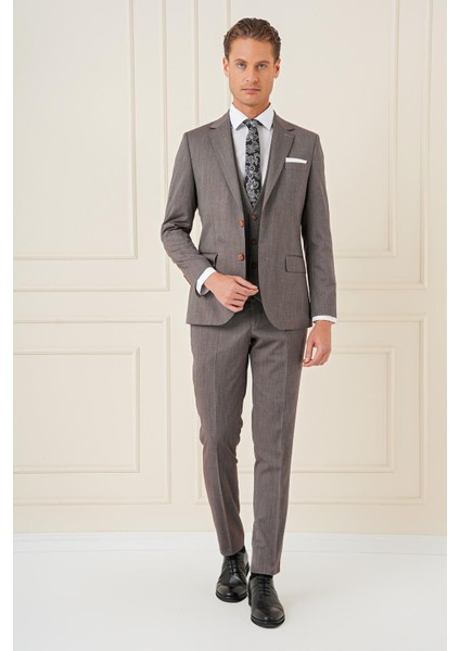 Slim Fit Esnek Yelekli Klasik Vizon Takım Elbise Tk 897