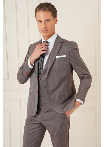Slim Fit Esnek Yelekli Klasik Vizon Takım Elbise Tk 897 indirimleri