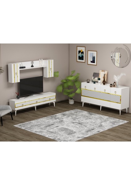 Ipekct 180CM Tv Ünitesi ve Konsol 2 Li Salon Takımı Beyaz-Altın