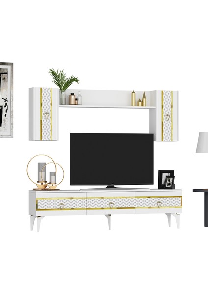 Ipekct 180CM Tv Ünitesi ve Konsol 2 Li Salon Takımı Beyaz-Altın fırsatları