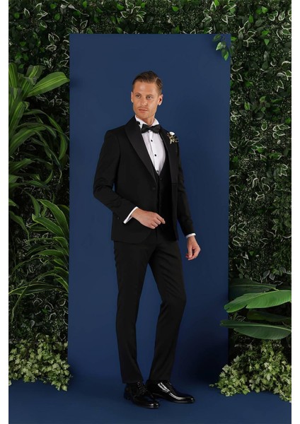 Black 070 Slim Fit Yelekli Çıkma Saten Yaka Siyah Damatlık Smokin Takım