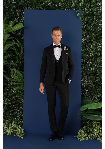 Black 070 Slim Fit Yelekli Çıkma Saten Yaka Siyah Damatlık Smokin Takım fiyatları
