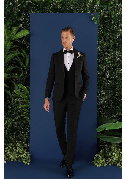 Black 070 Slim Fit Yelekli Çıkma Saten Yaka Siyah Damatlık Smokin Takım modelleri