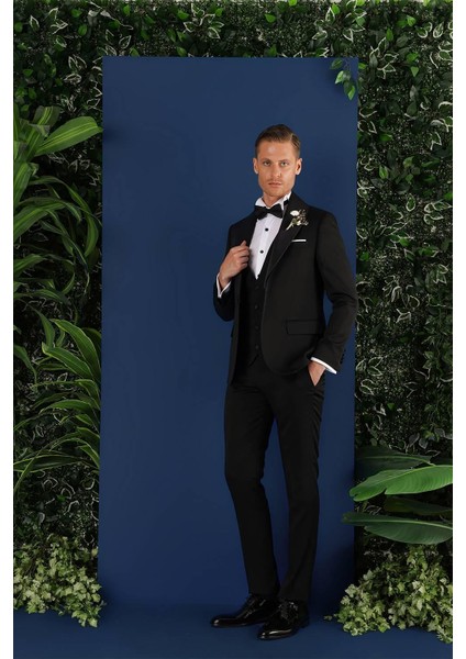 Black 070 Slim Fit Yelekli Çıkma Saten Yaka Siyah Damatlık Smokin Takım fırsatları
