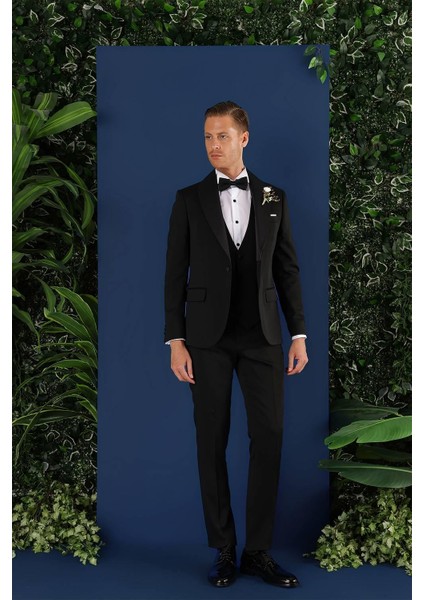 Black 070 Slim Fit Yelekli Çıkma Saten Yaka Siyah Damatlık Smokin Takım indirimleri