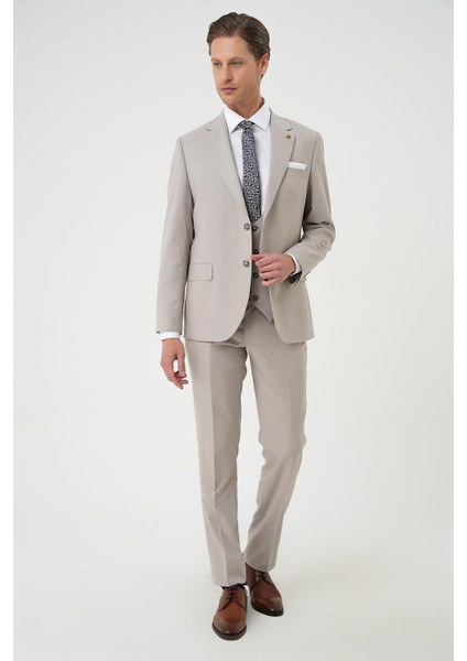 Slim Fit Çift Yırtmaç Keten Karışımlı Yelekli Klasik Taş Takım Elbise Tk 914