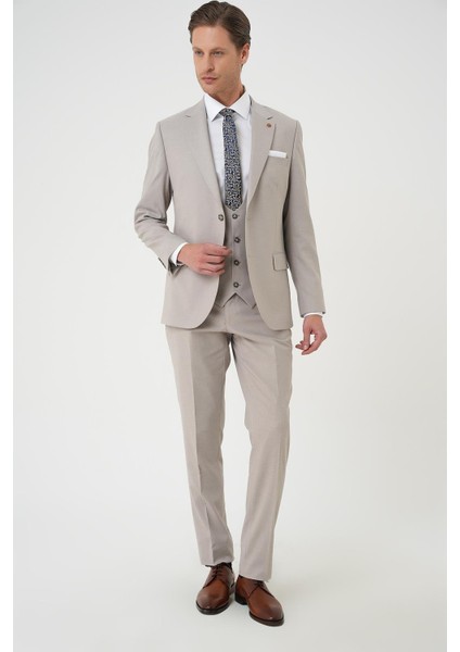 Slim Fit Çift Yırtmaç Keten Karışımlı Yelekli Klasik Taş Takım Elbise Tk 914 fiyatları