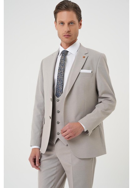Slim Fit Çift Yırtmaç Keten Karışımlı Yelekli Klasik Taş Takım Elbise Tk 914 modelleri