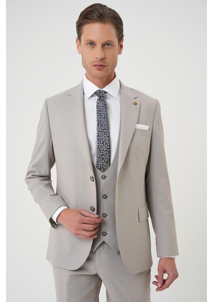 Slim Fit Çift Yırtmaç Keten Karışımlı Yelekli Klasik Taş Takım Elbise Tk 914 fırsatları