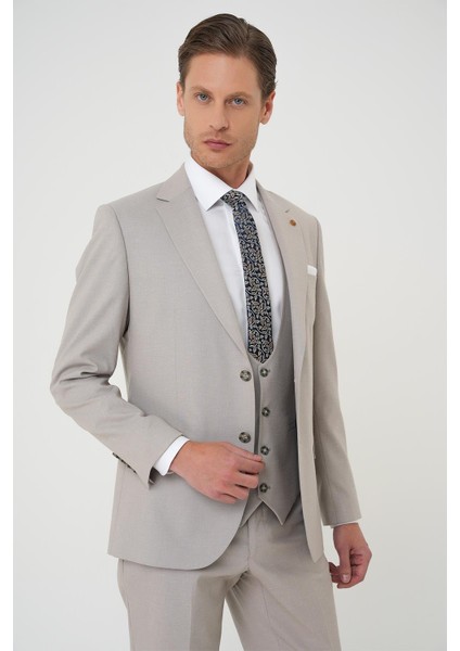 Slim Fit Çift Yırtmaç Keten Karışımlı Yelekli Klasik Taş Takım Elbise Tk 914 indirimleri