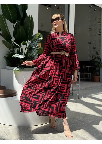 Kadın Büyük Beden Yaka Düğmeli Ispanyol Kol Dokuma Viskon Elbise