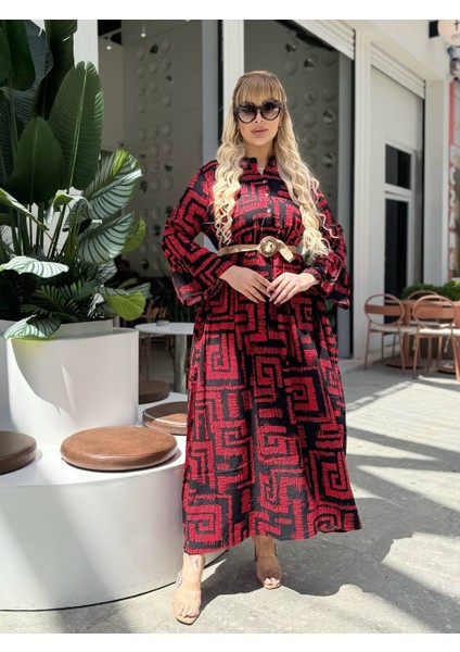 Kadın Büyük Beden Yaka Düğmeli Ispanyol Kol Dokuma Viskon Elbise fırsatları