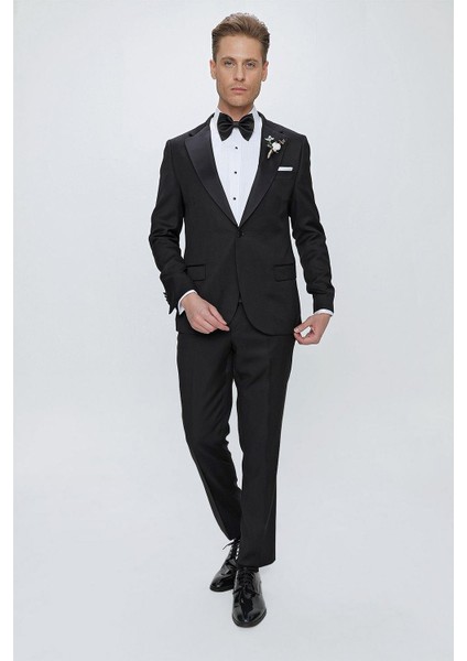 Black 062 Slim Fit Çıkma Saten Yaka Siyah Damatlık Smokin Takım
