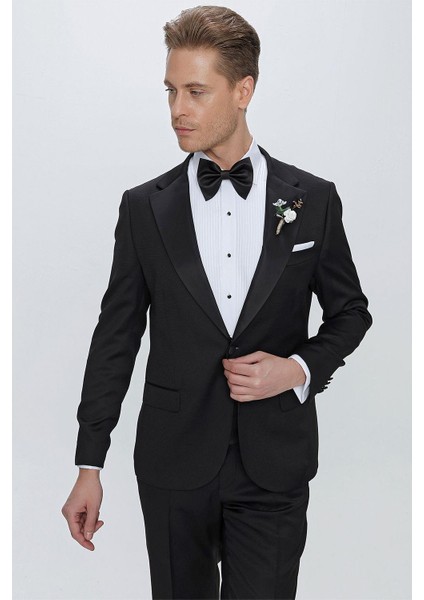 Black 062 Slim Fit Çıkma Saten Yaka Siyah Damatlık Smokin Takım fırsatları