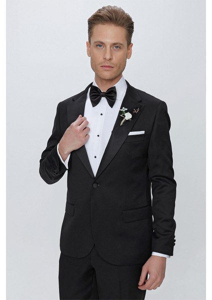 Black 062 Slim Fit Çıkma Saten Yaka Siyah Damatlık Smokin Takım indirimleri