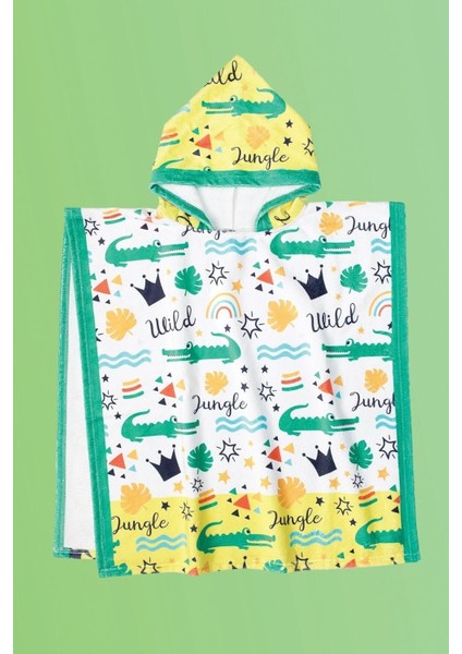 3-8 Yaş Çocuk Kapüşonlu %100 Pamuk Yeşil Jungle Desenli Plaj ve Banyo Havlusu modelleri