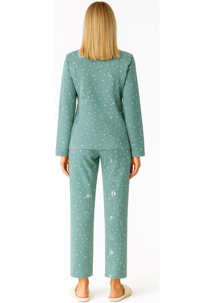 Kadın Yakalı Boydan Düğmeli Süet Pijama Takımı Yeşil modelleri