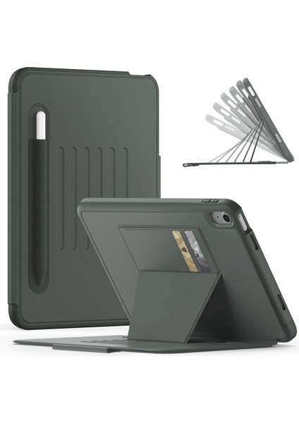 Apple iPad A16 (11. Nesil) 2025 Kartlıklı Multifonksiyonel Manyetik Standlı Kalemlikli Zırhlı Smart Kılıf A3354 A3355