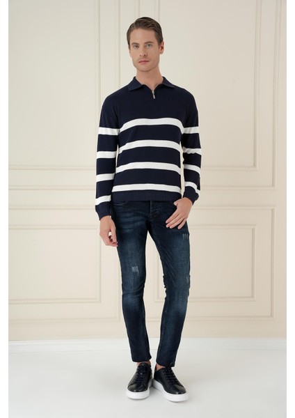 Slim Fit Çizgili Fermuarlı Polo Yaka Lacivert Triko Kazak TR 877