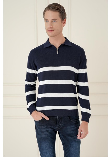 Slim Fit Çizgili Fermuarlı Polo Yaka Lacivert Triko Kazak TR 877 fiyatları
