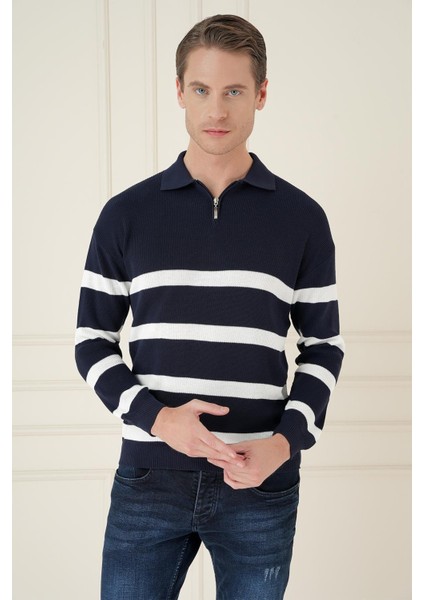 Slim Fit Çizgili Fermuarlı Polo Yaka Lacivert Triko Kazak TR 877 modelleri